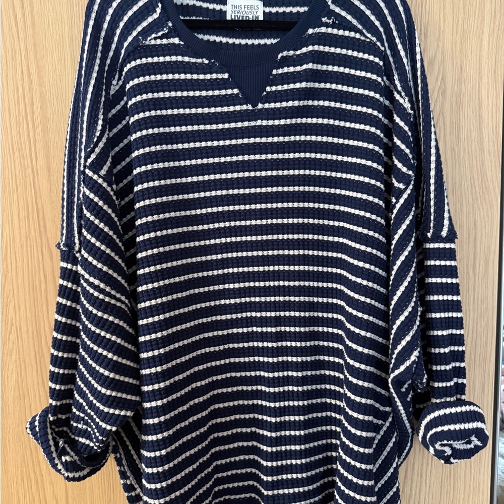 American Eagle Outfitters Navy & White Striped Waffle Knit Pullover